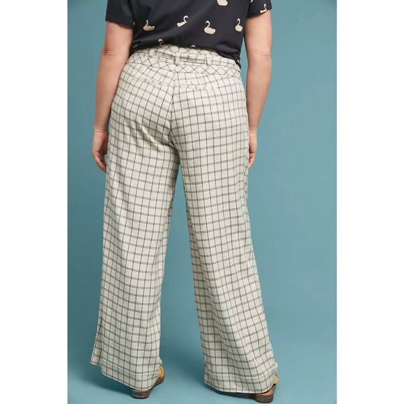 Anthropologie Cream Windowpane Linen Plaid Wide Leg Pant Size 0 - Picture 4 of 11